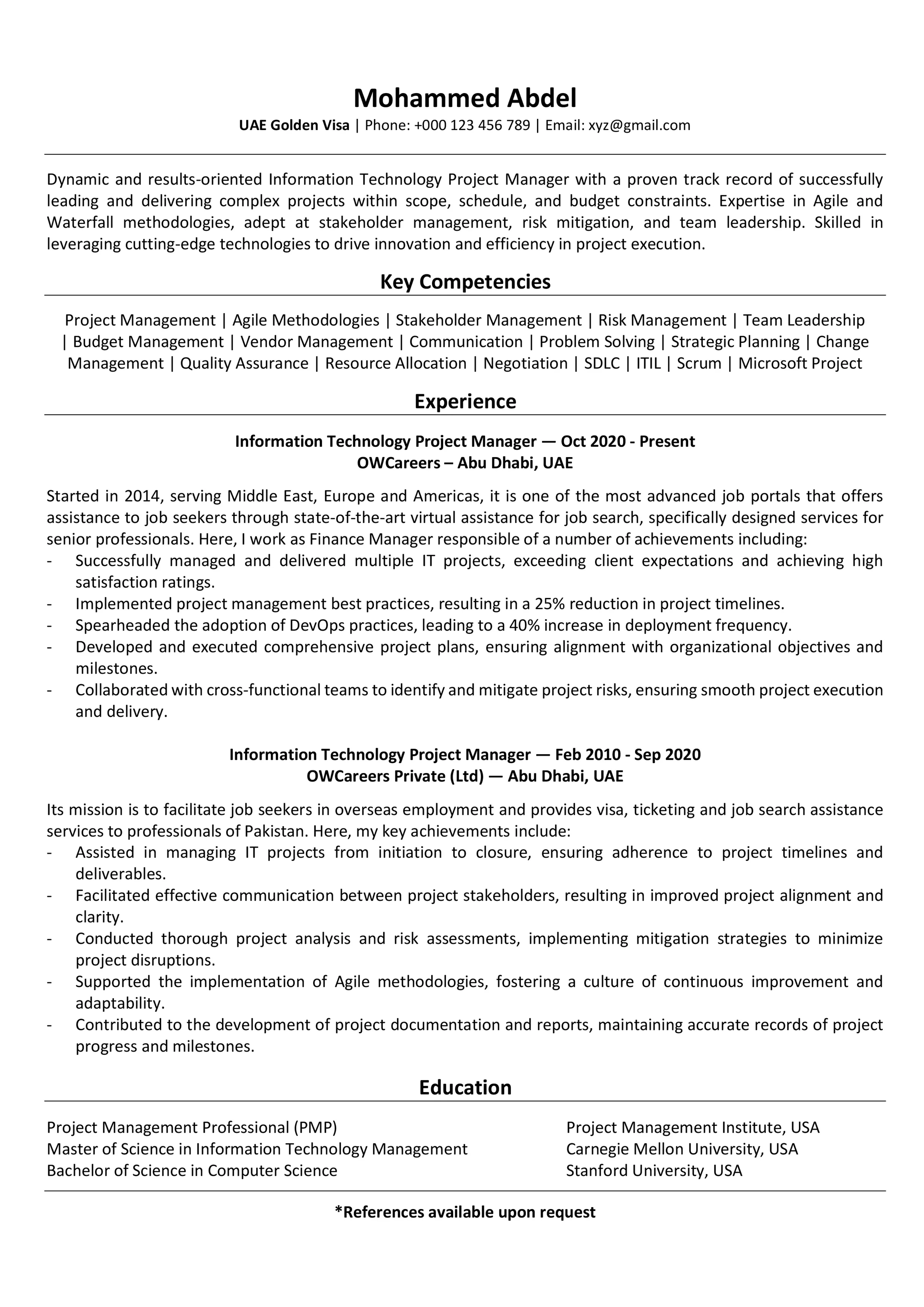 Information Technology Project Manager CV